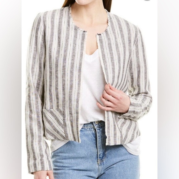 DREW Open Front Striped Linen Blend Frayed Jacket Size Medium NEW - Picture 1 of 10